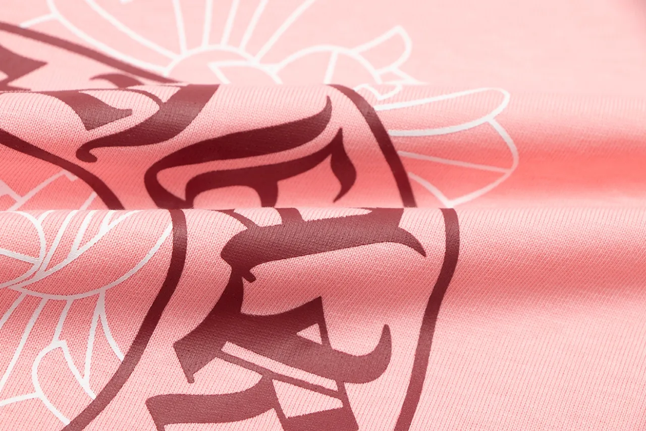 P140 Chrome Hearts Sanskrit Horseshoe Cross Print Cherry Blossom Pink Short Sleeves Size: SMLXL Color: Pink
